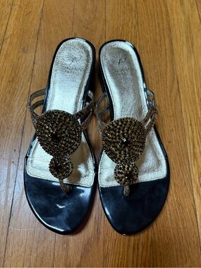 Adrianna Papell Black Patent Sandal with Gold Beaded Medallion